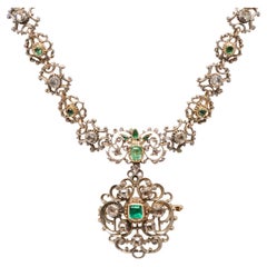 Antique Georgian 14kt / Sterling Table Cut Diamond + Emerald Necklace with Pin / Pendant