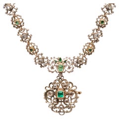 Collana georgiana di diamanti e smeraldi con spilla e ciondolo, in argento o in 14kt.