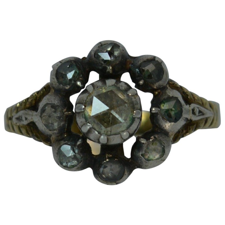 Georgian 15 Carat Gold and Rose Cut Diamond Cluster Ring at 1stDibs