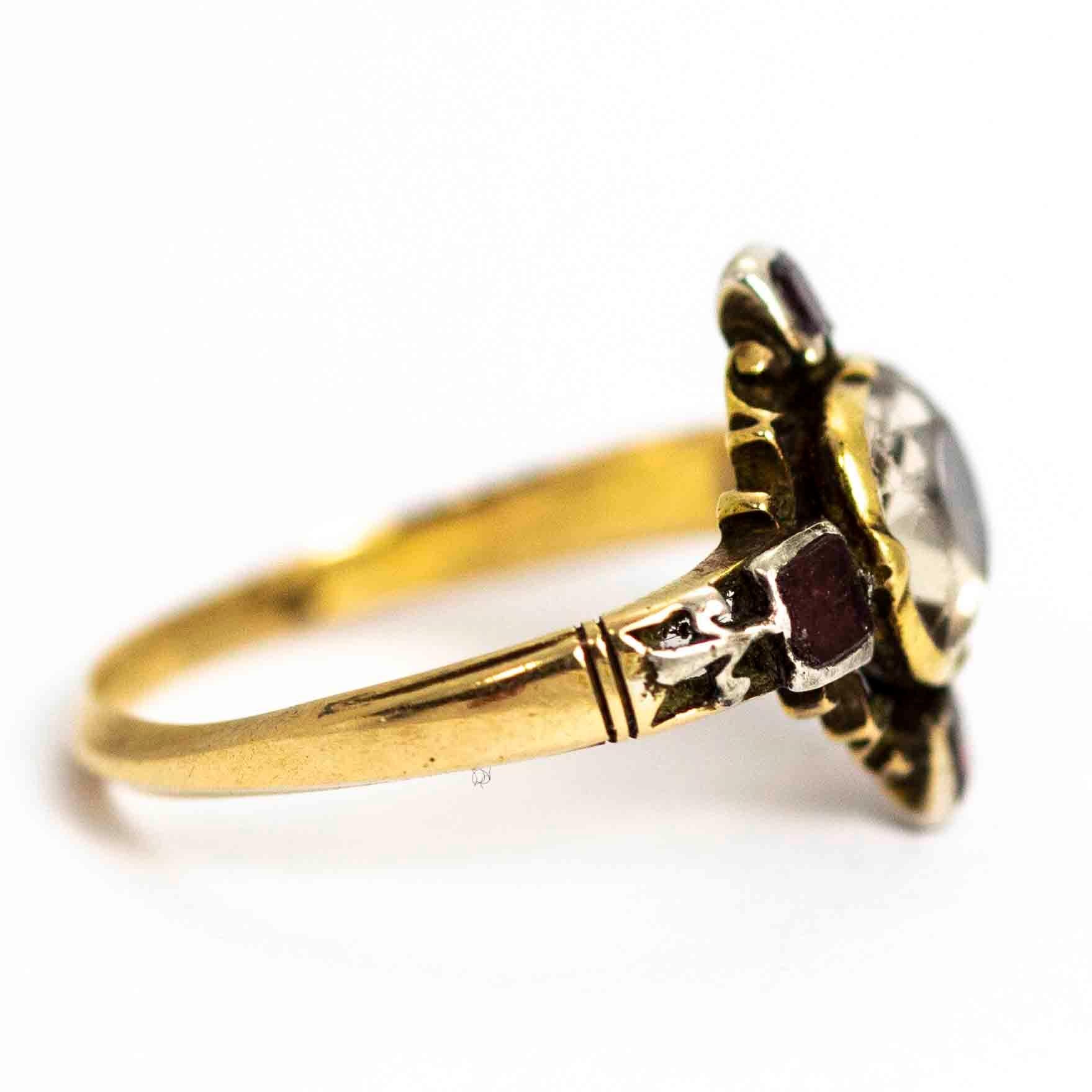 Women's or Men's Georgian 15 Carat Gold Chrysoprase and Flat Cut Garnet Ring