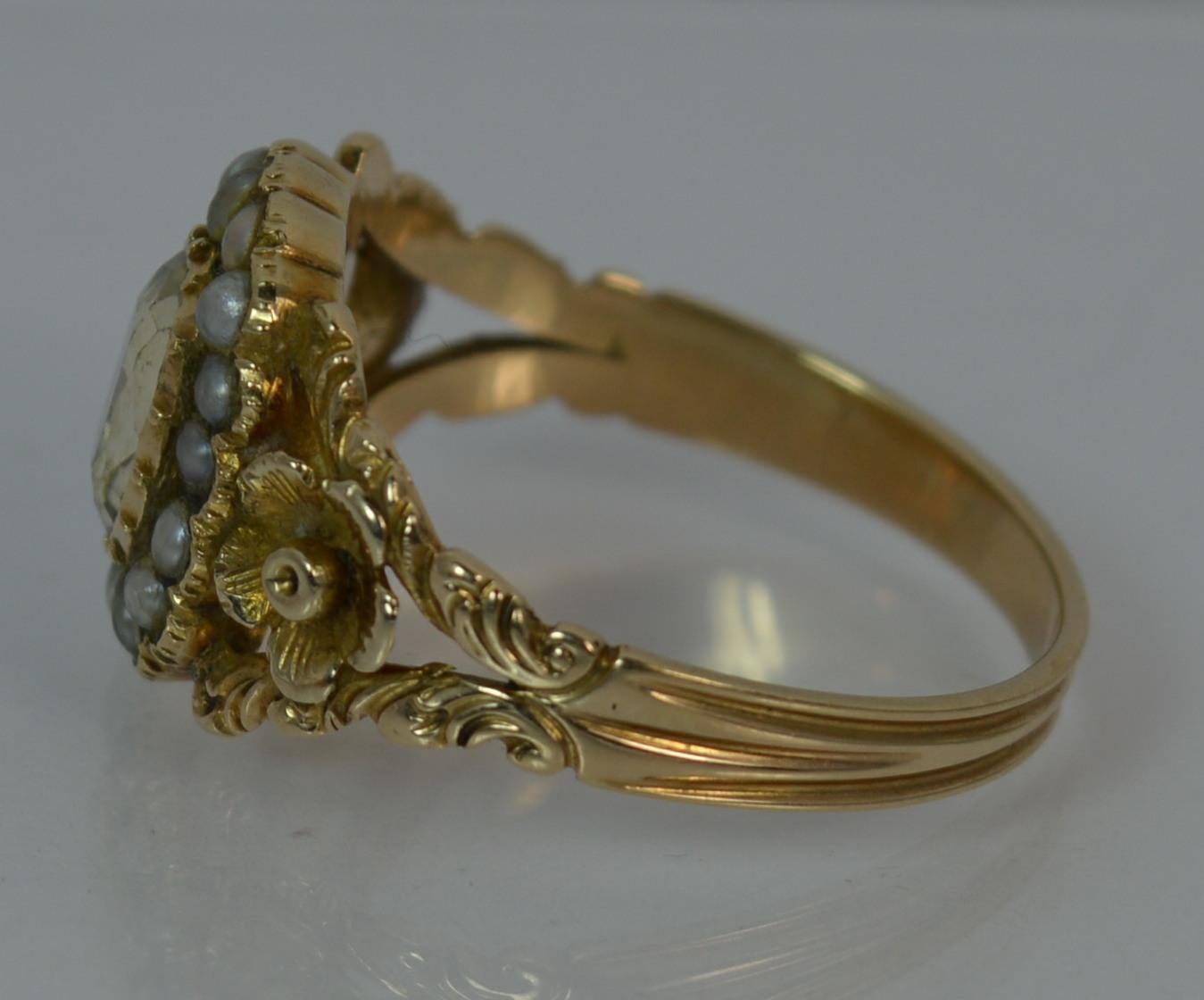 Georgian 15 Carat Gold Foil Back Rock Crystal and Pearl Cluster Mourning Ring 6