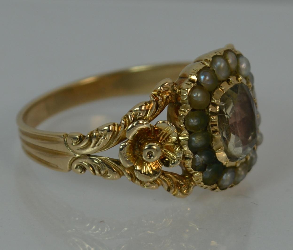 Georgian 15 Carat Gold Foil Back Rock Crystal and Pearl Cluster Mourning Ring 8