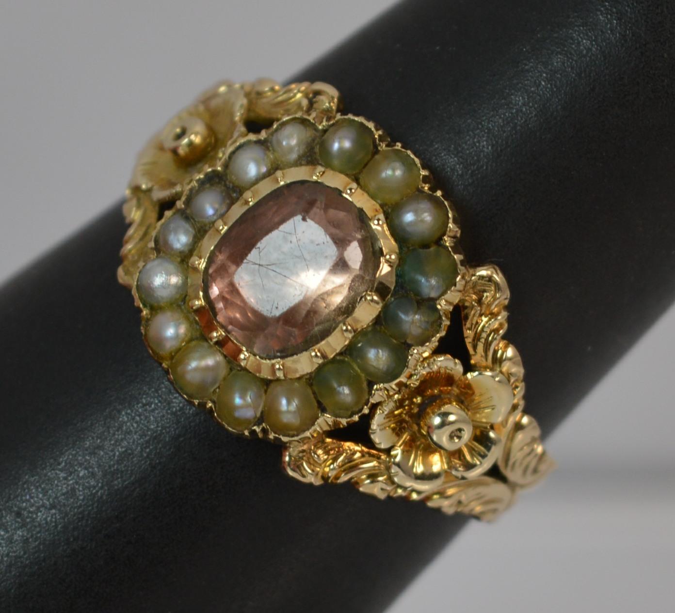 Georgian 15 Carat Gold Foil Back Rock Crystal and Pearl Cluster Mourning Ring 10