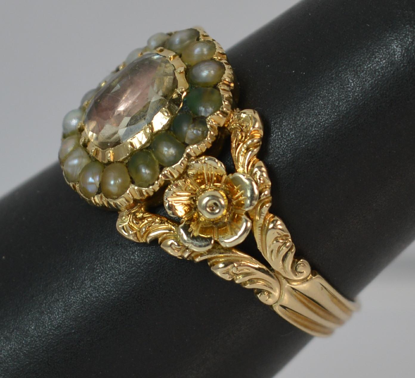 Georgian 15 Carat Gold Foil Back Rock Crystal and Pearl Cluster Mourning Ring 11