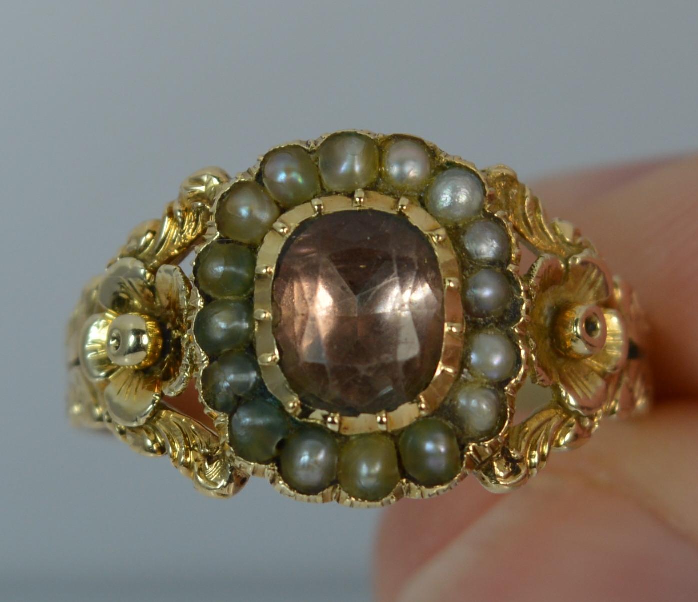 Georgian 15 Carat Gold Foil Back Rock Crystal and Pearl Cluster Mourning Ring 2