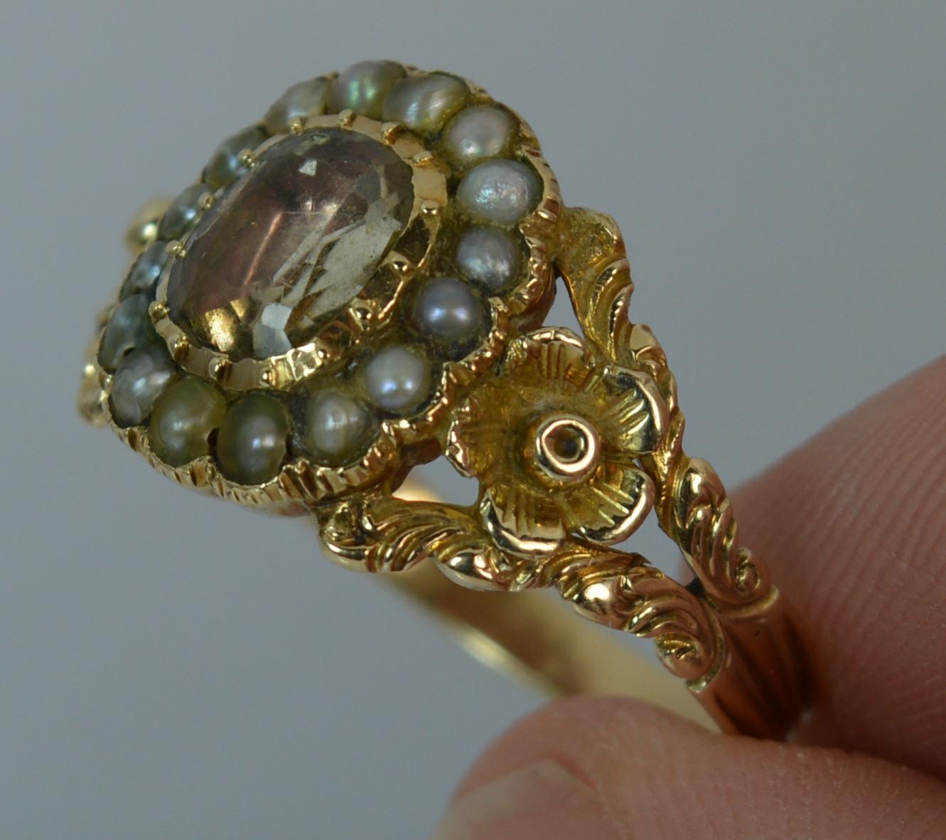 Georgian 15 Carat Gold Foil Back Rock Crystal and Pearl Cluster Mourning Ring 3
