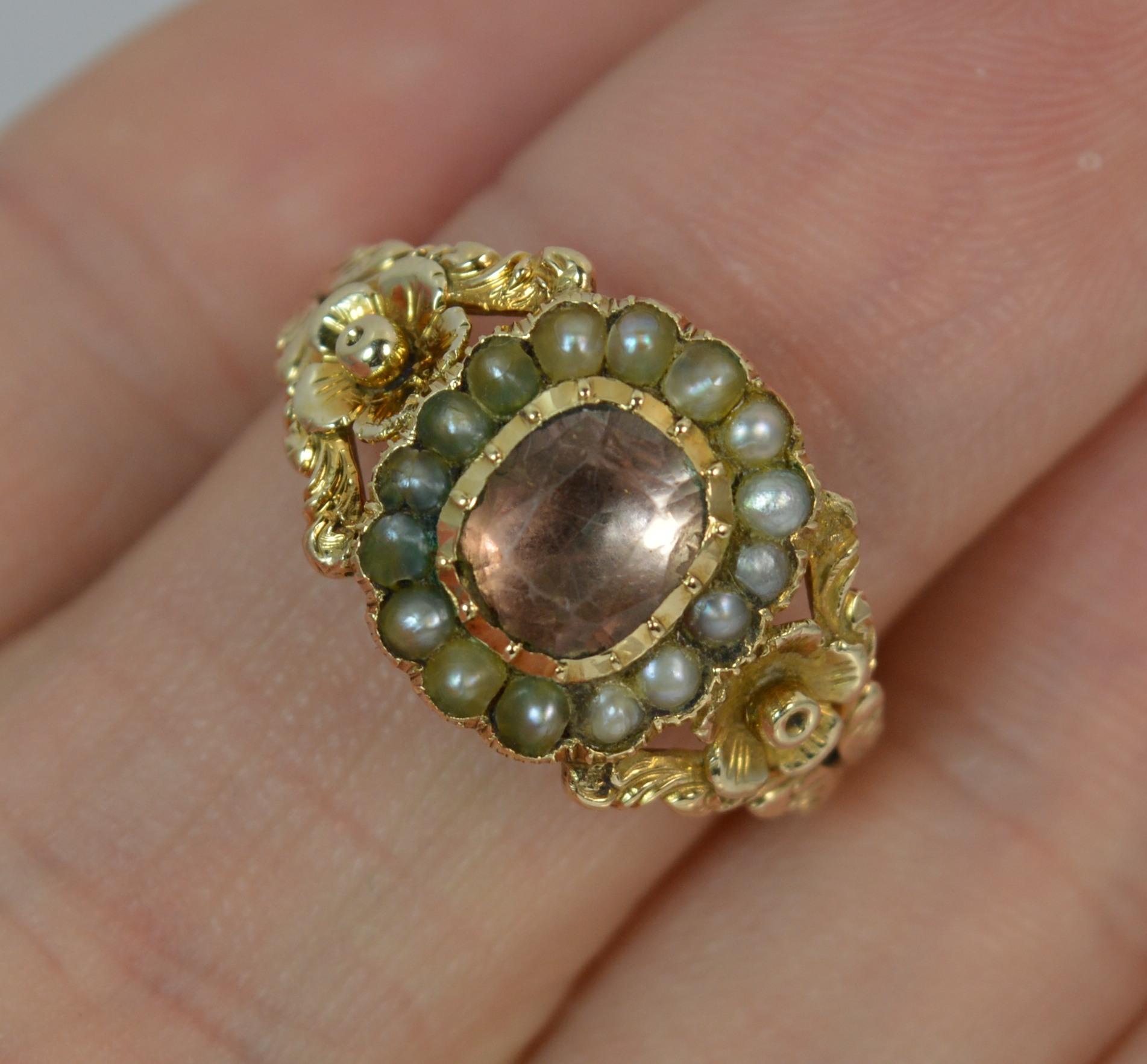 Georgian 15 Carat Gold Foil Back Rock Crystal and Pearl Cluster Mourning Ring 4