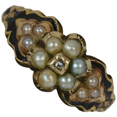 Antique Georgian 15 Carat Gold Pearl Diamond Enamel Daisy Cluster Mourning Ring