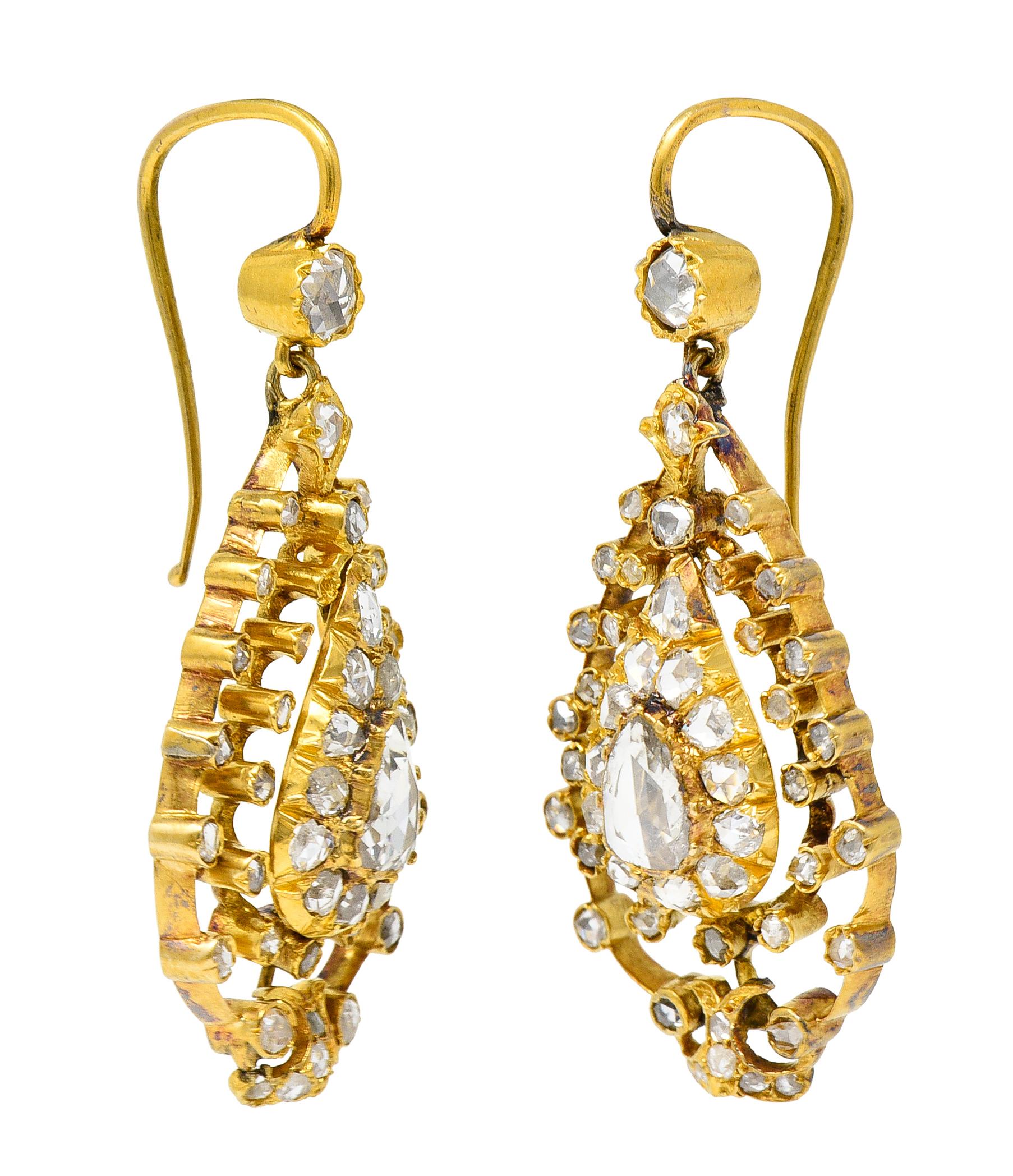 Georgian 1.50 Carats Rose Cut Diamond 18 Karat Yellow Gold Drop Earrings 1