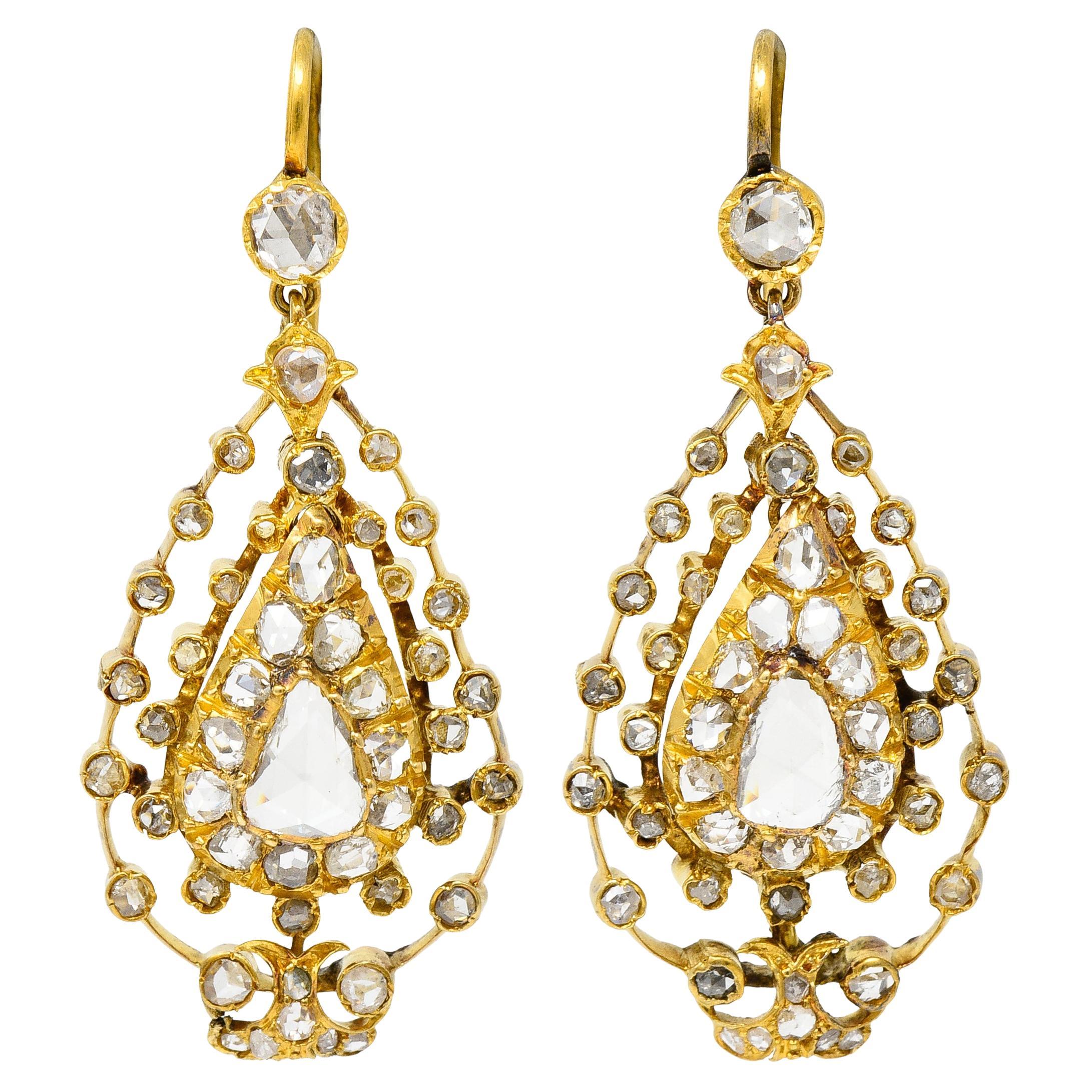 Georgian 1.50 Carats Rose Cut Diamond 18 Karat Yellow Gold Drop Earrings