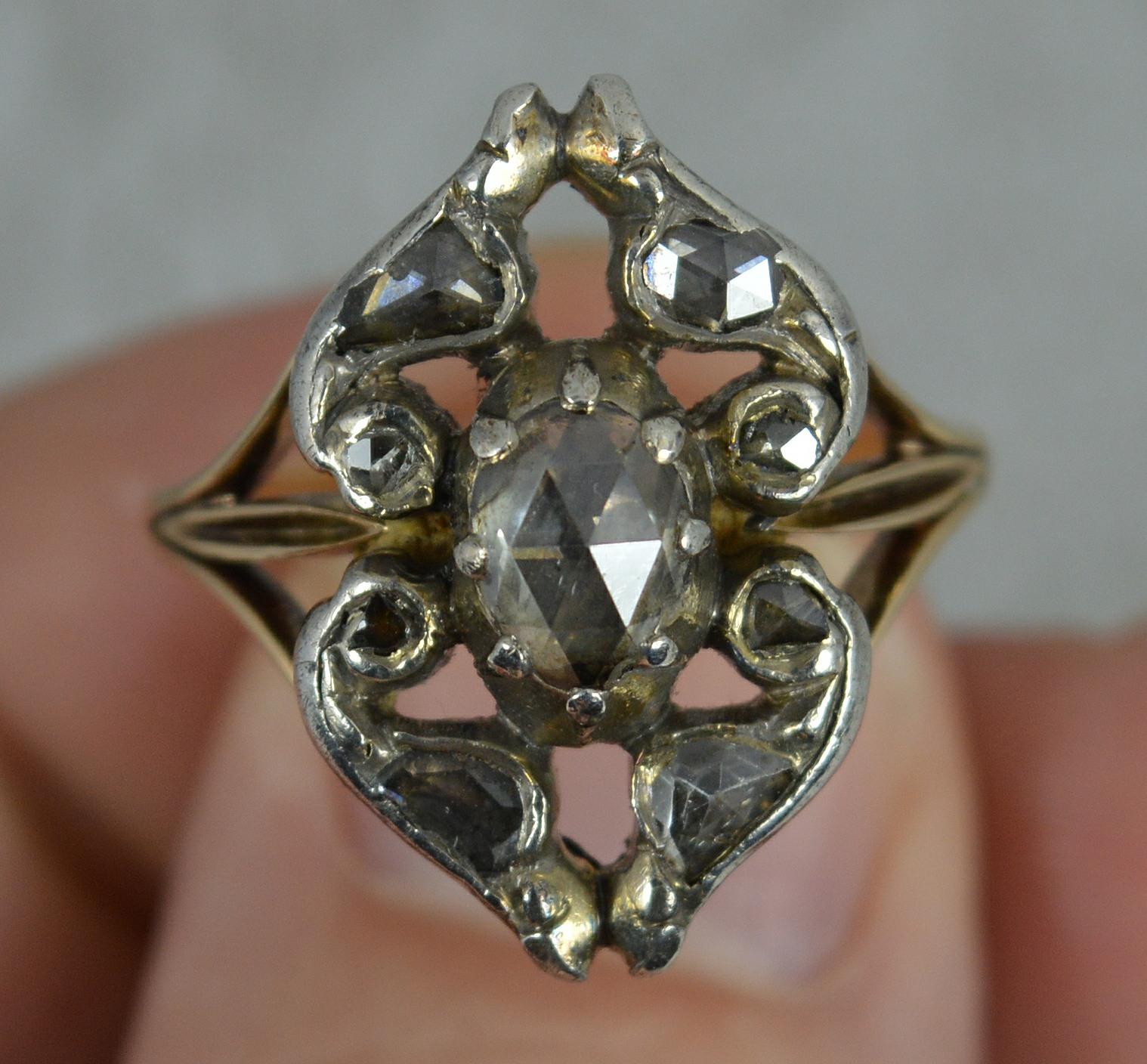 Georgian 15ct Gold and Rose Cut Diamond Cluster Panel Ring, c1780 For Sale 5