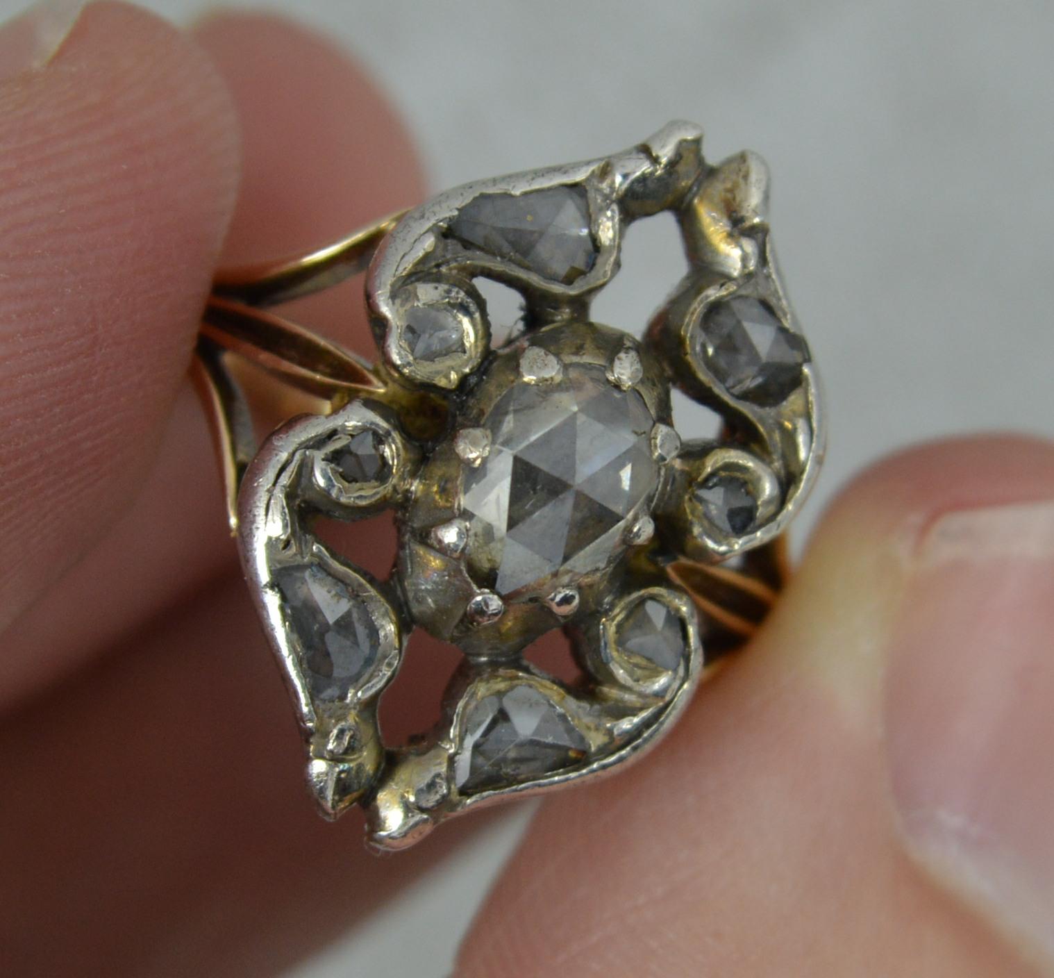 Georgian 15ct Gold and Rose Cut Diamond Cluster Panel Ring, c1780 For Sale 7