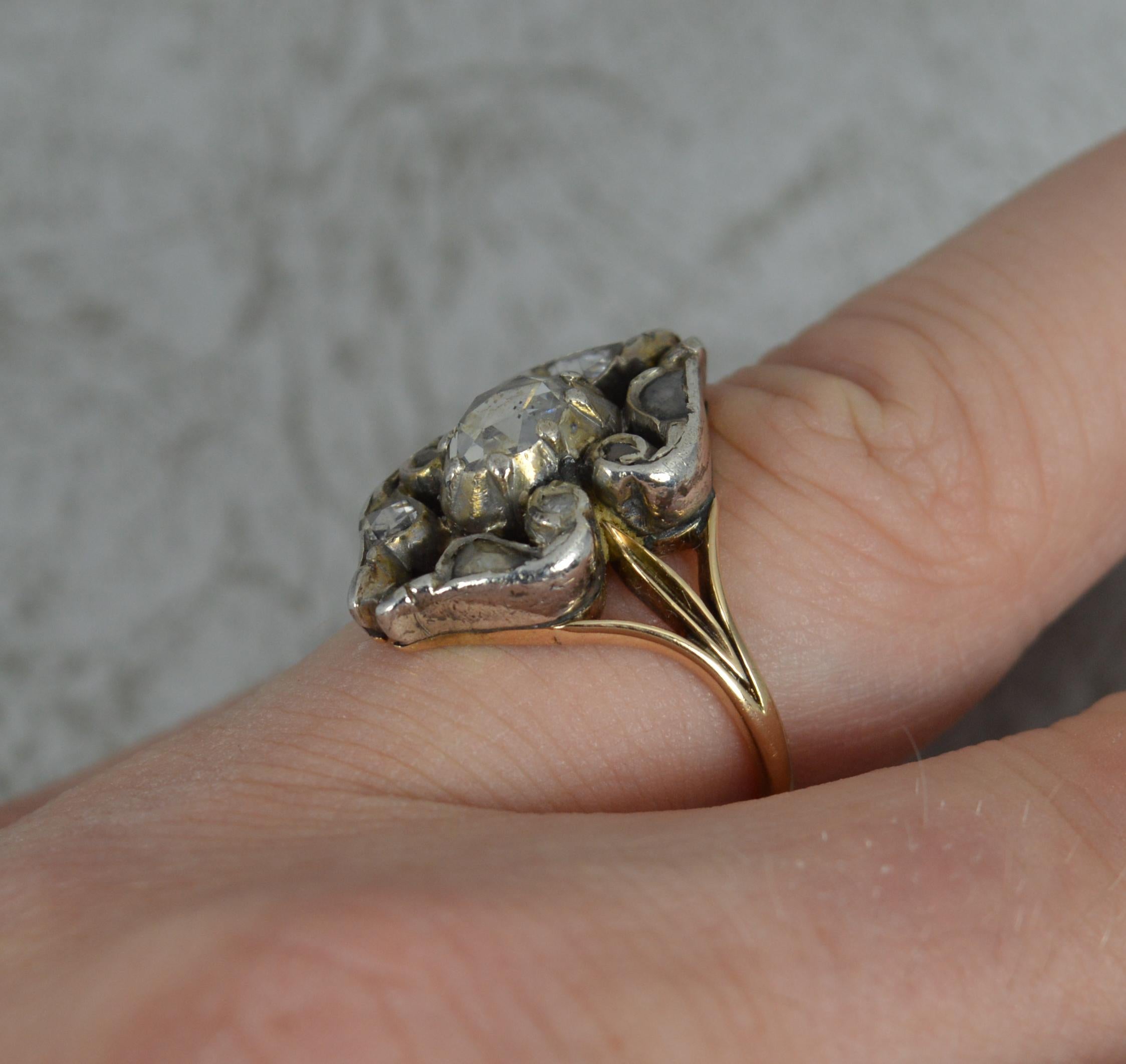 Georgian 15ct Gold and Rose Cut Diamond Cluster Panel Ring, c1780 In Excellent Condition In St Helens, GB