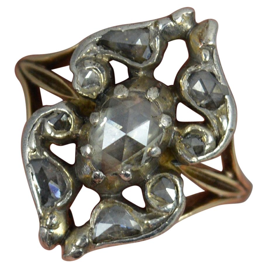 Georgian 15ct Gold and Rose Cut Diamond Cluster Panel Ring, c1780