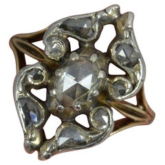 Georgian 15ct Gold and Rose Cut Diamond Cluster Panel Ring, c1780