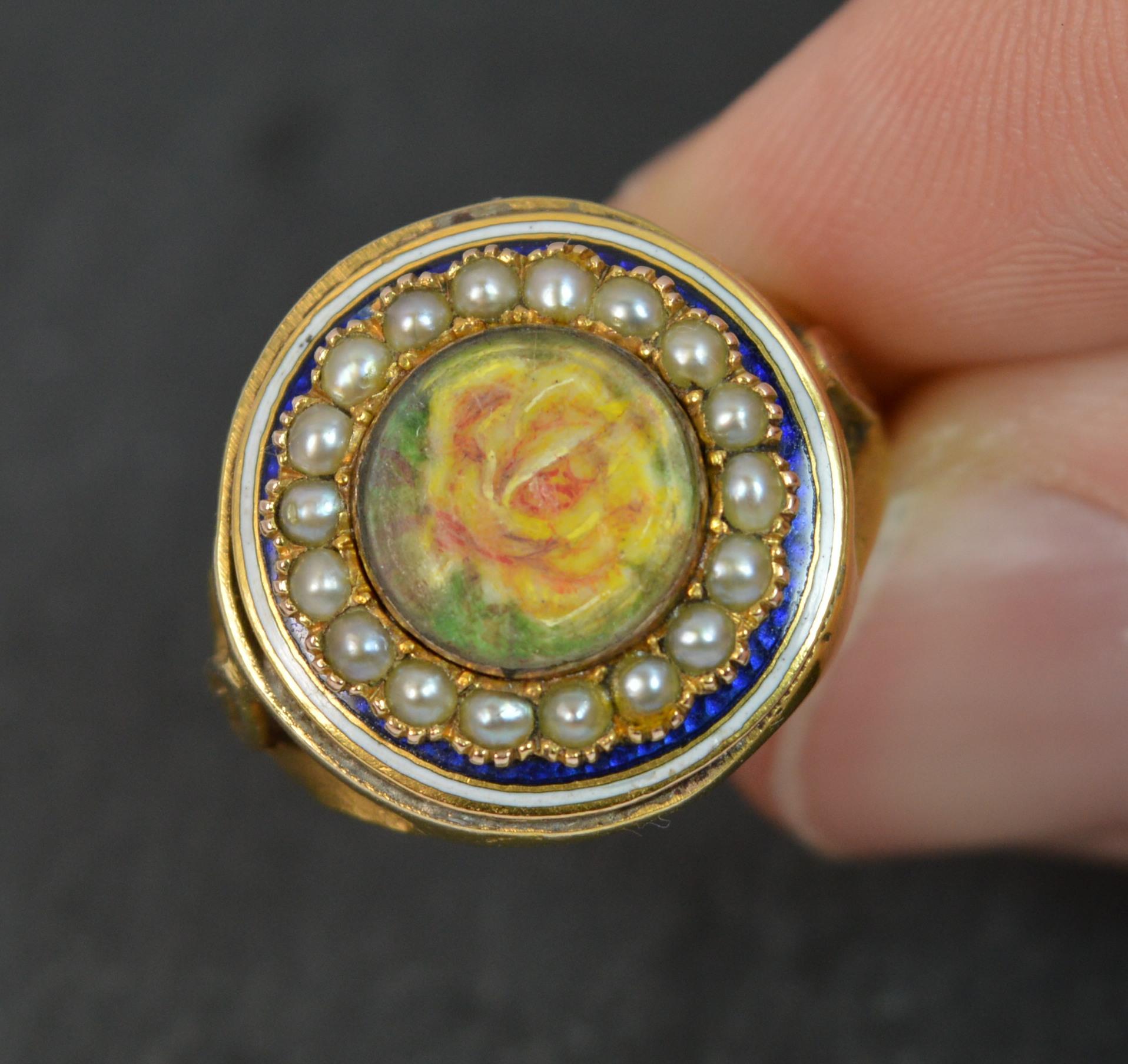 Georgian 15 Carat Gold Flower Locket Seed Pearl & Enamel Circular Cluster Ring 6