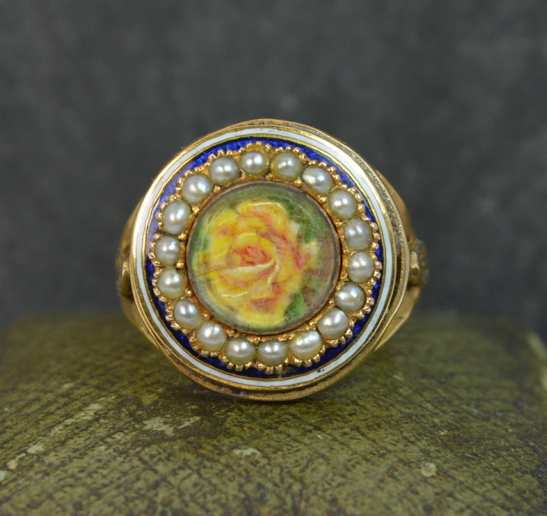 Georgian 15 Carat Gold Flower Locket Seed Pearl & Enamel Circular Cluster Ring 7