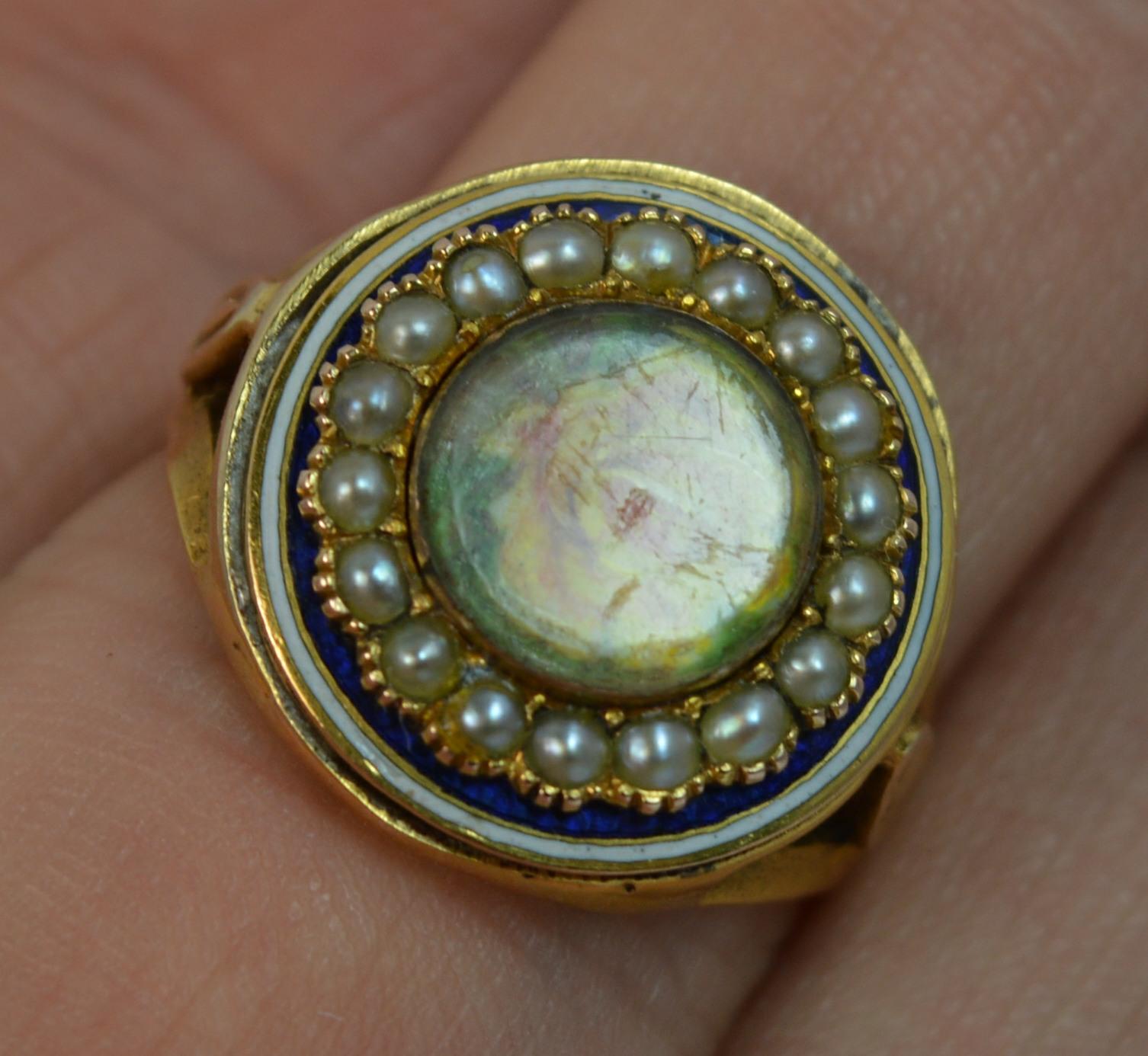 Women's Georgian 15 Carat Gold Flower Locket Seed Pearl & Enamel Circular Cluster Ring