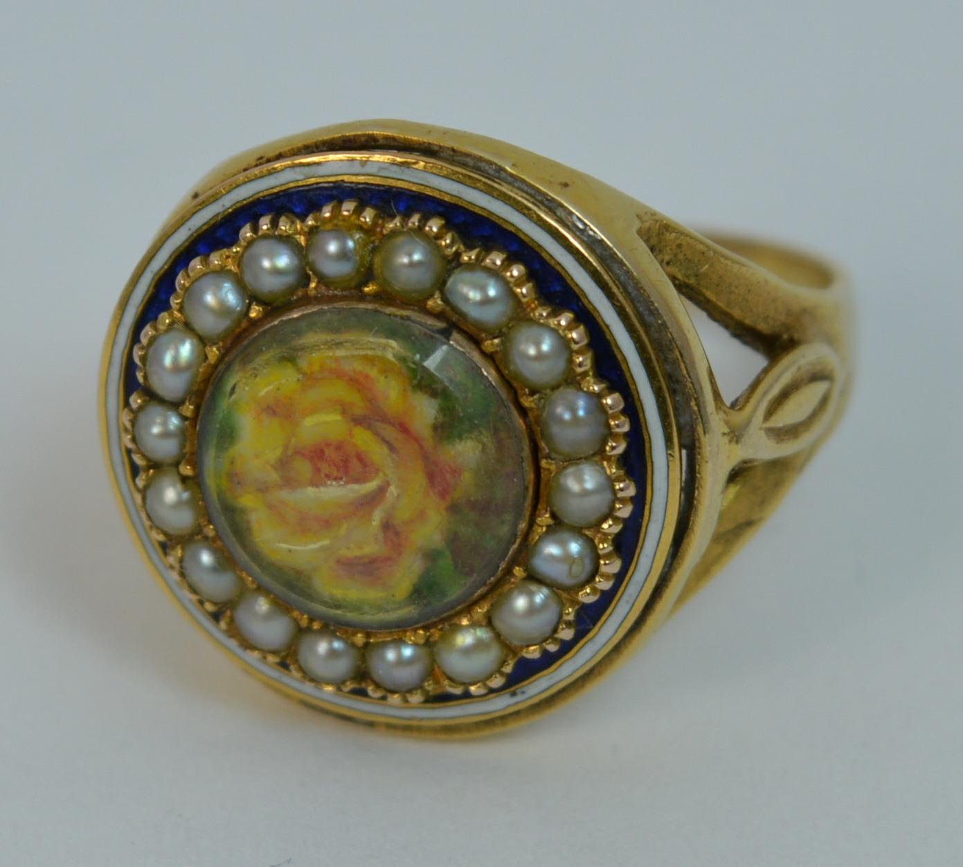 Georgian 15 Carat Gold Flower Locket Seed Pearl & Enamel Circular Cluster Ring 1