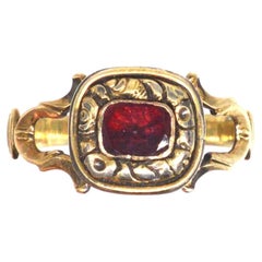 Georgian 15ct Gold Garnet Reposséd Ring with a B Engraved on Back