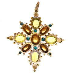 Georgian 15ct Gold Pink Topaz, Chrysoberyl, Pearl & Turquoise Pendant