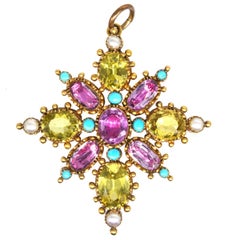 Georgian 15ct Gold Pink Topaz, Chrysoberyl, Pearl & Turquoise Pendant