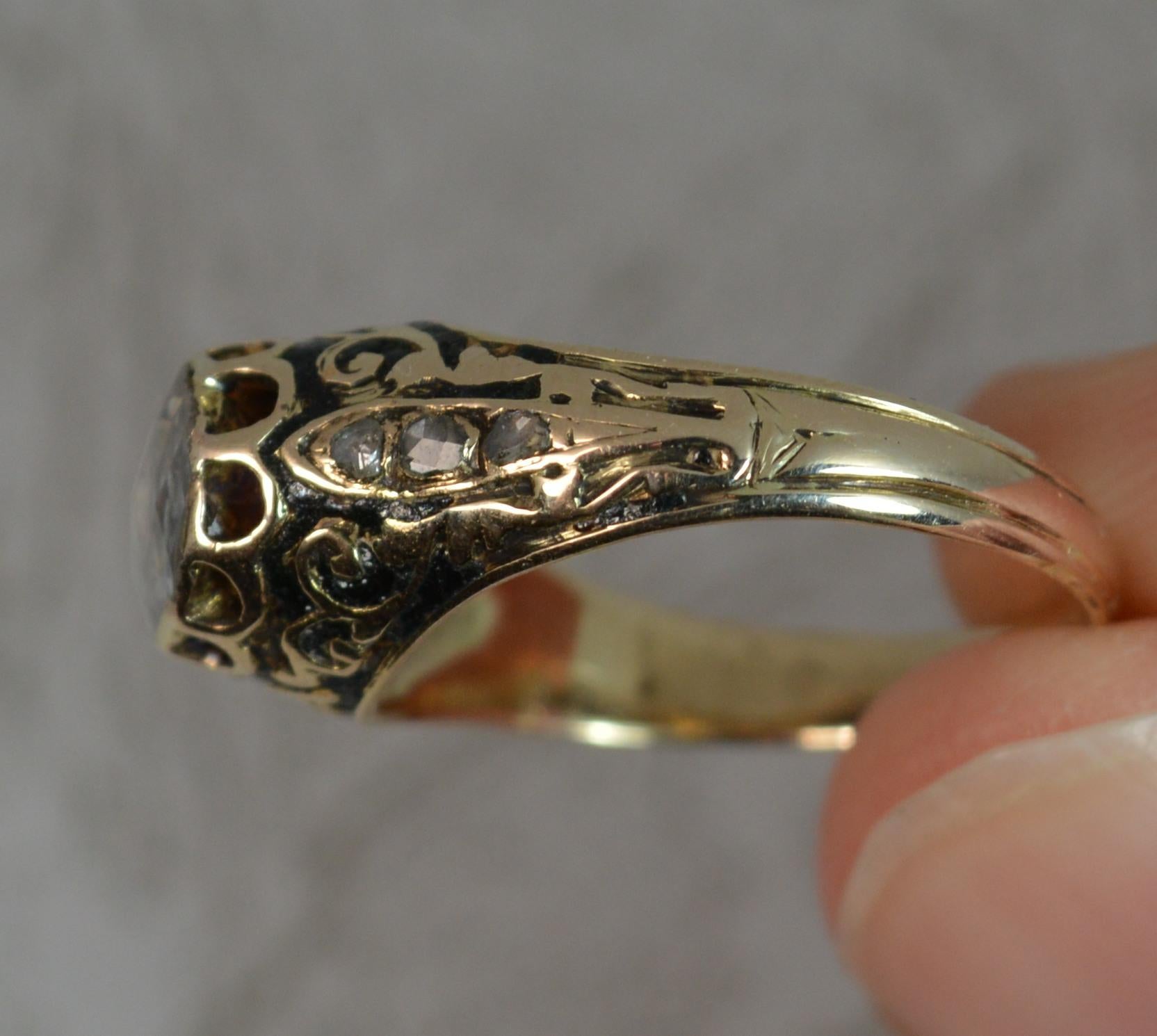 Georgian 15 Carat Gold Rose Cut Diamond Solitaire Enamel Ring 1