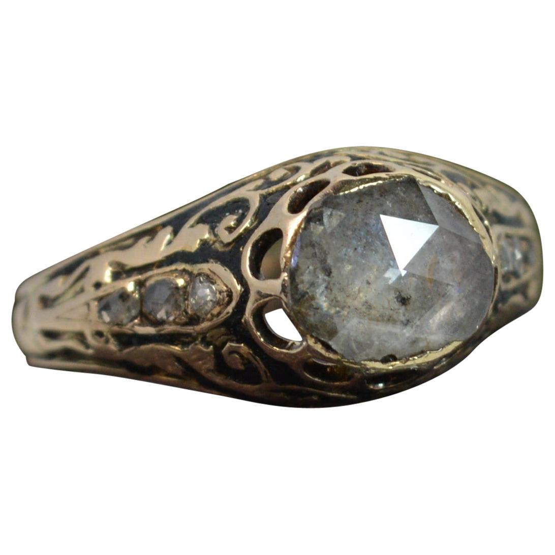 Georgian 15 Carat Gold Rose Cut Diamond Solitaire Enamel Ring