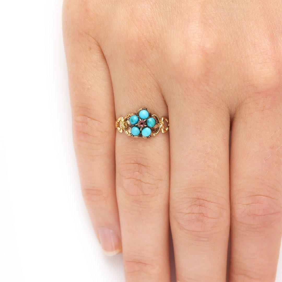 Georgian 15ct Gold, Turquoise and Garnet Forget me Not Ring, Circa 1830 3