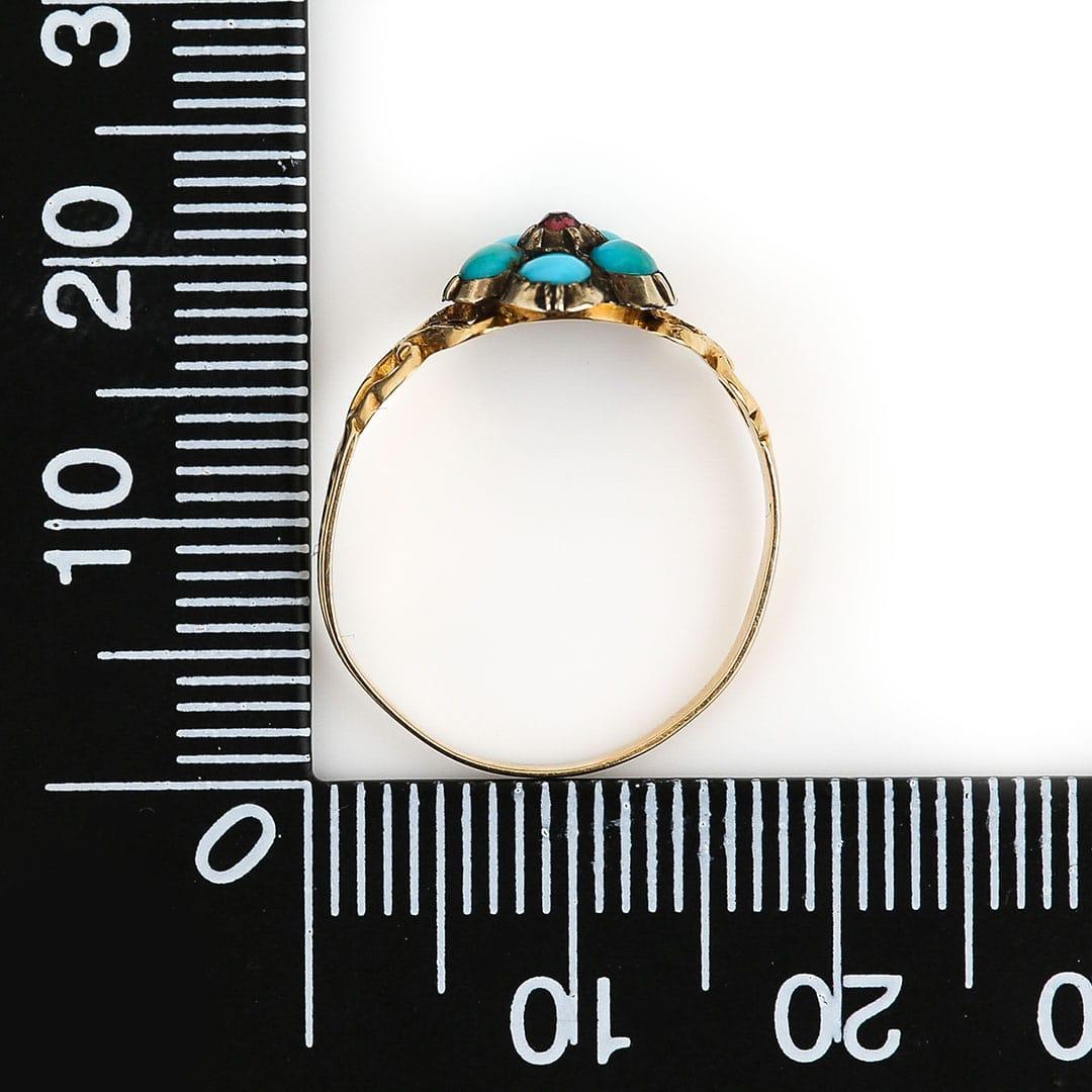 Georgian 15ct Gold, Turquoise and Garnet Forget me Not Ring, Circa 1830 4