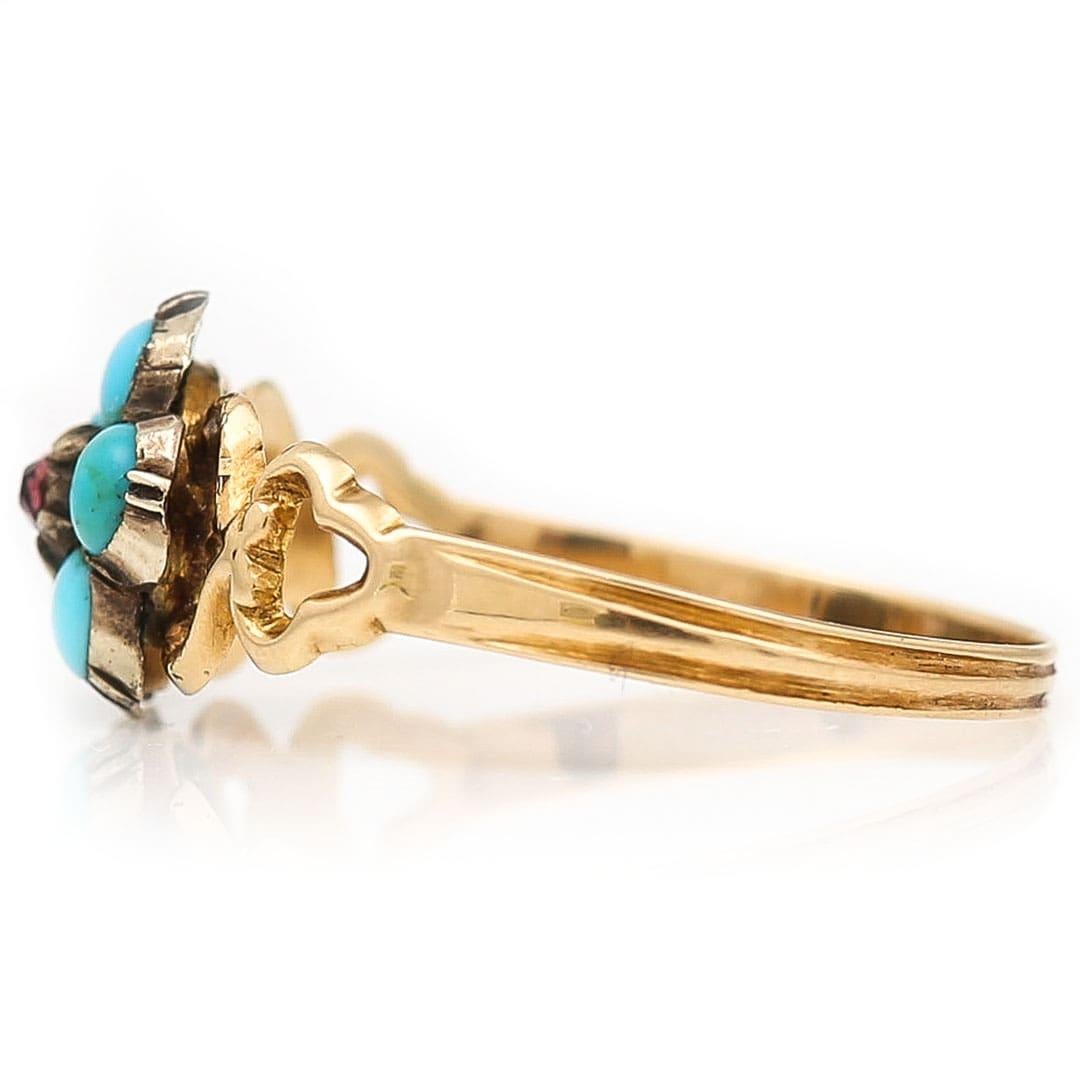 Regency Georgian 15ct Gold, Turquoise and Garnet Forget me Not Ring, Circa 1830