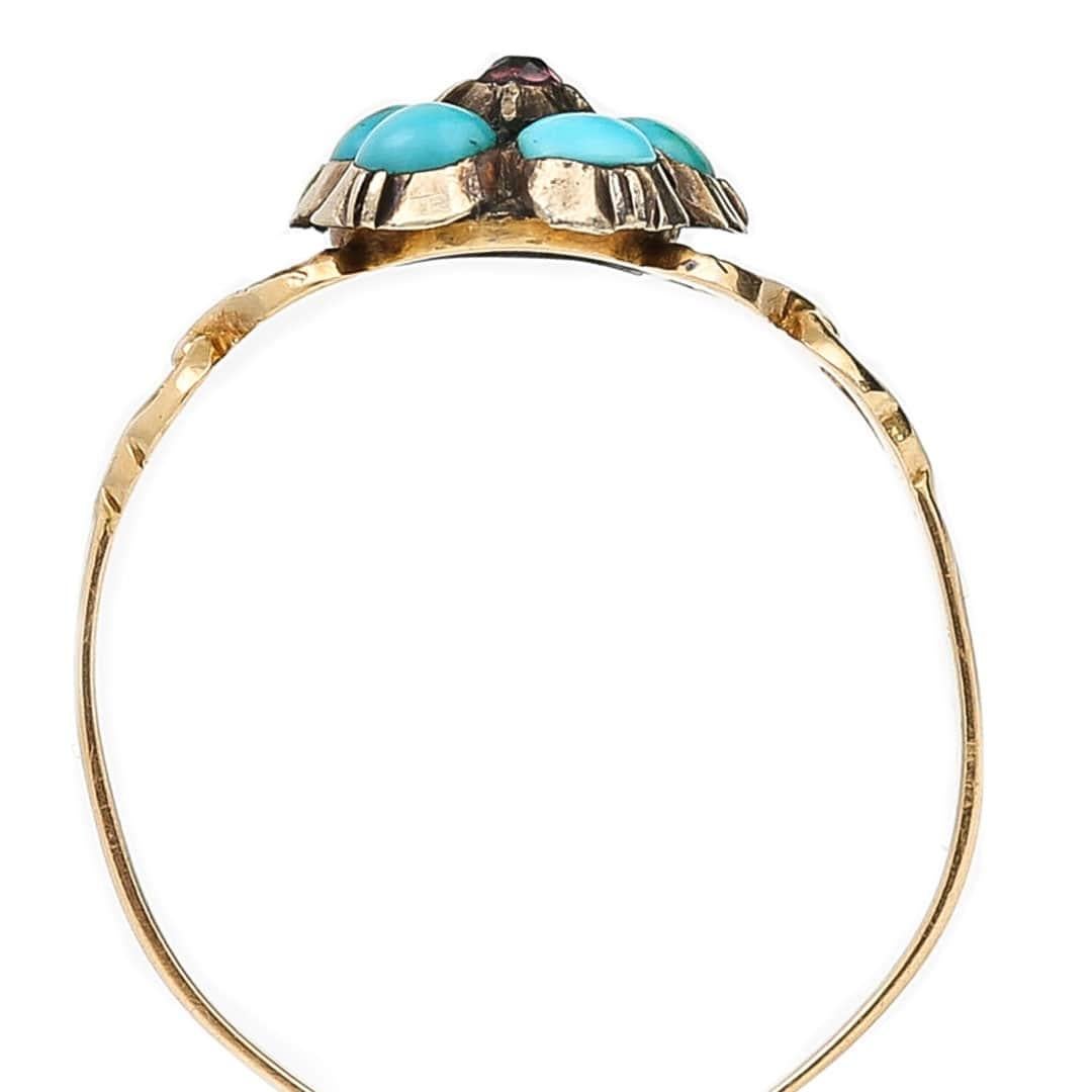 Women's or Men's Georgian 15ct Gold, Turquoise and Garnet Forget me Not Ring, Circa 1830