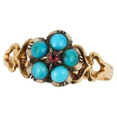 Georgian 15ct Gold, Turquoise and Garnet Forget me Not Ring, Circa 1830