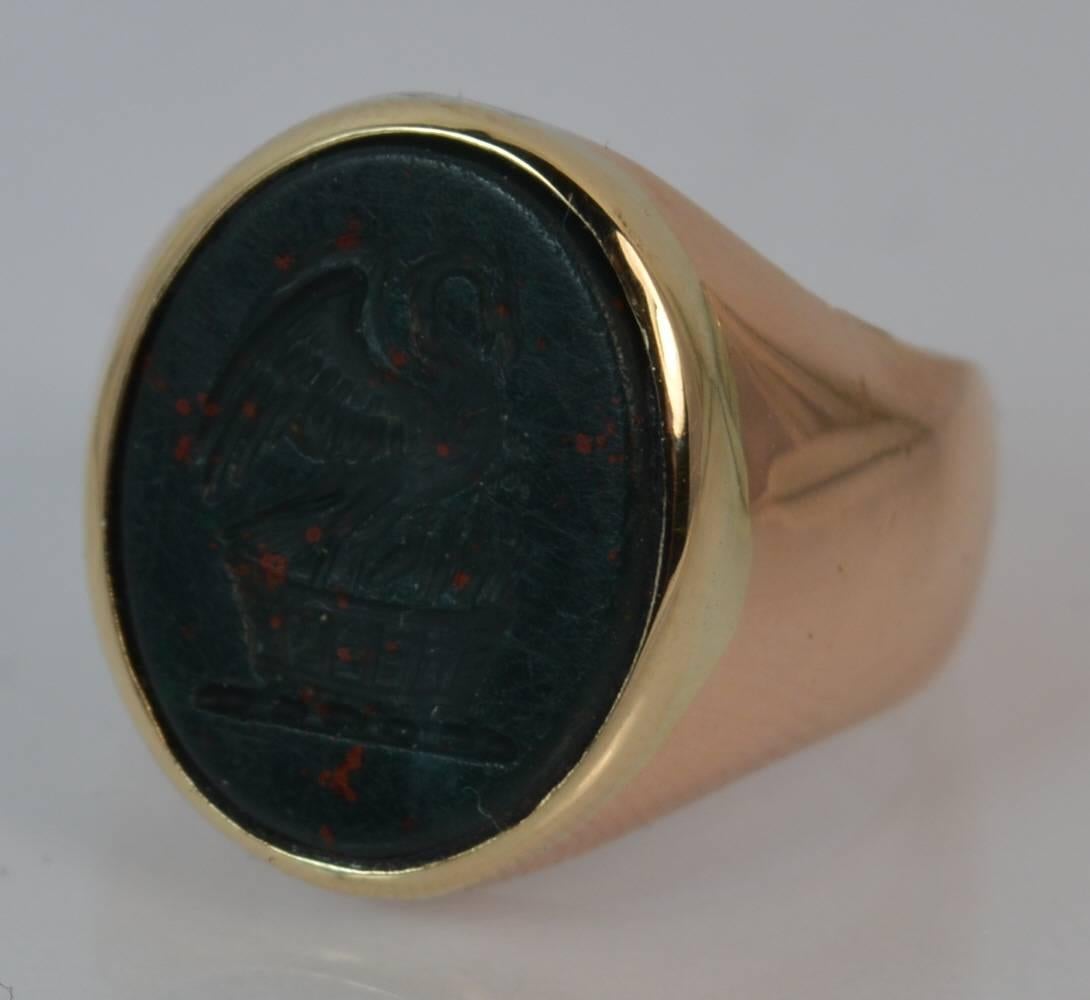 Antique 15 Carat Rose Gold Bloodstone Dragon Intaglio Signet Ring In Good Condition In St Helens, GB