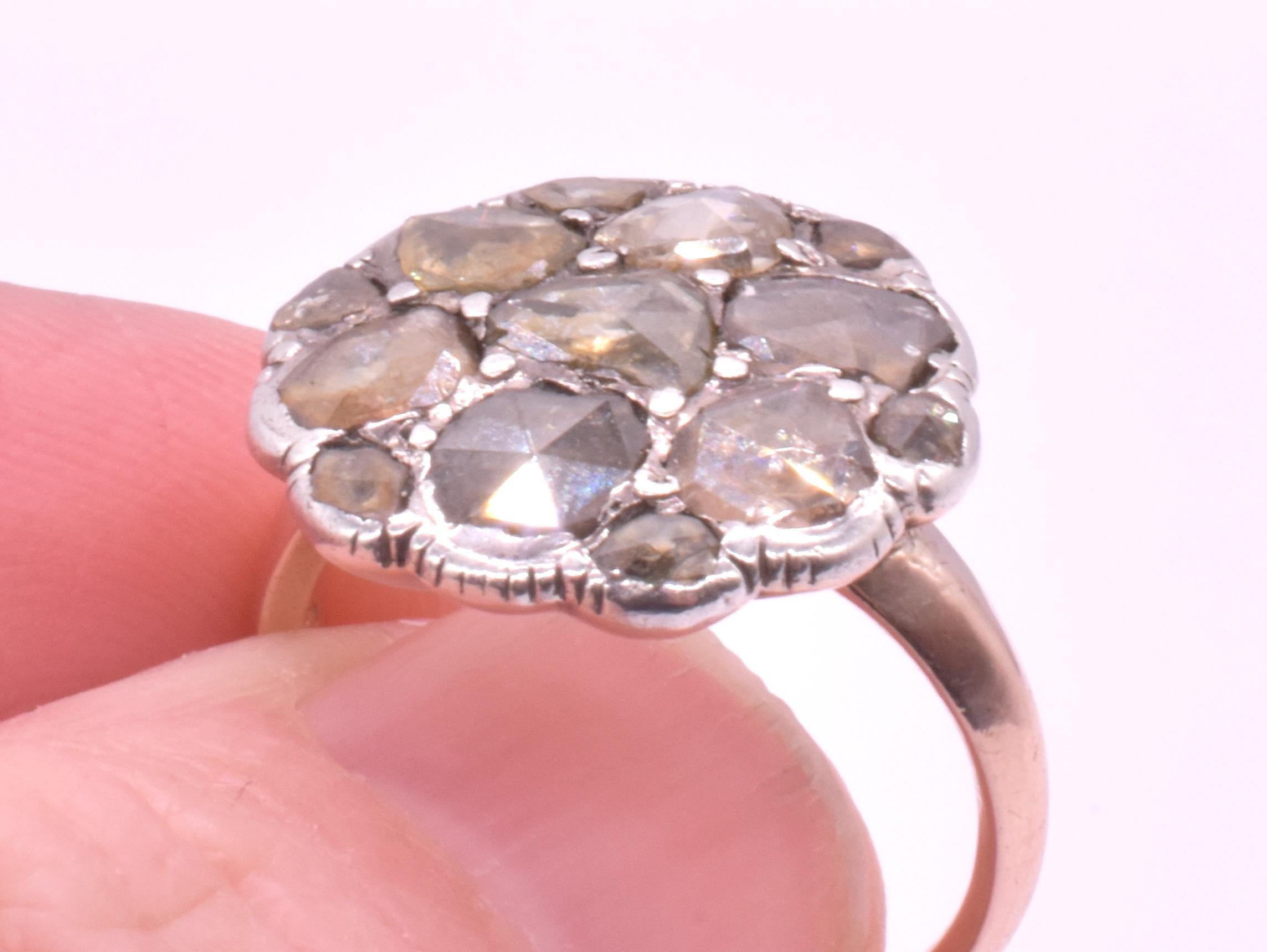 Georgian 15K Cabochon Diamond Round Cluster Ring  8