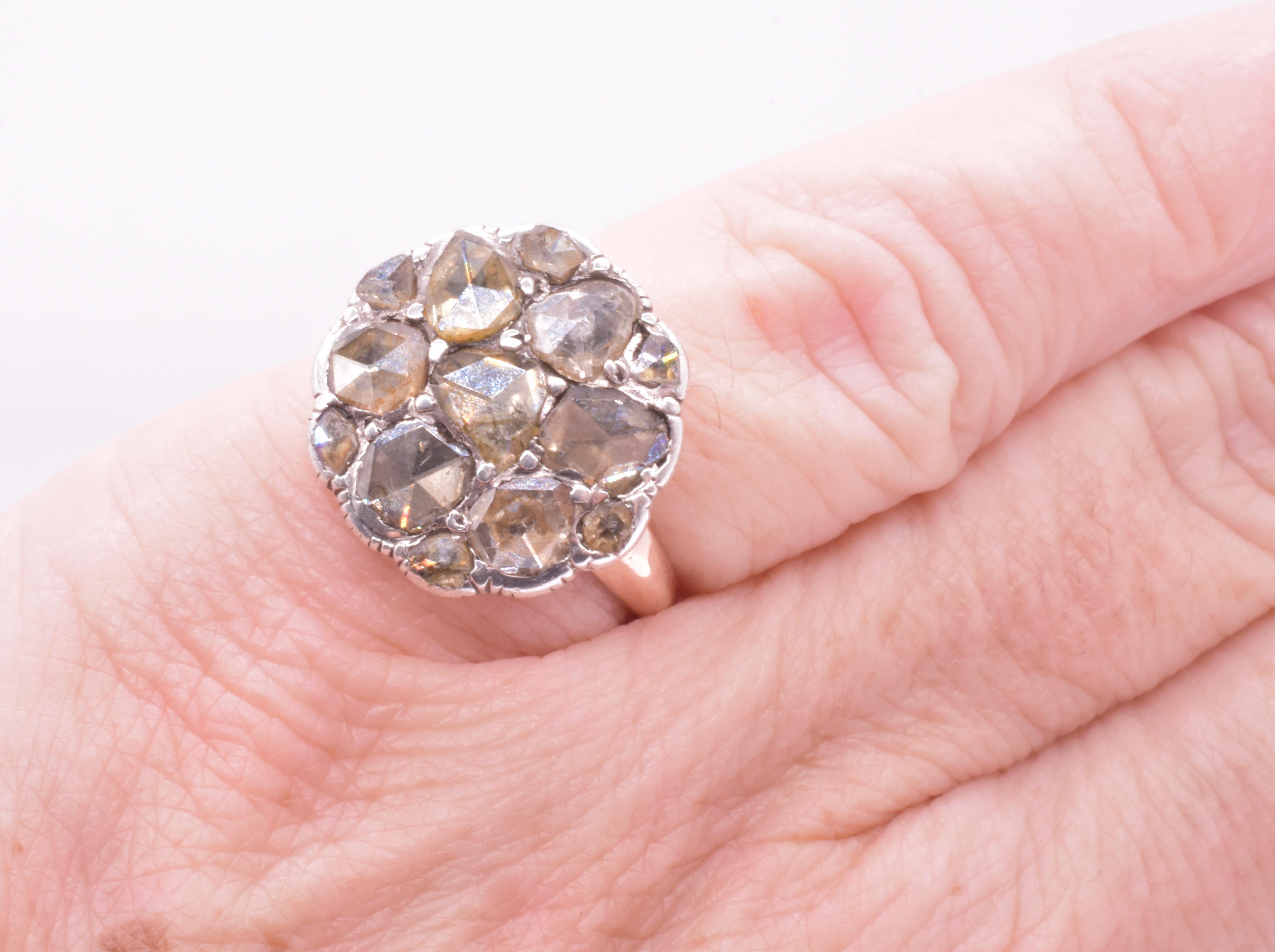 Georgian 15K Cabochon Diamond Round Cluster Ring  10