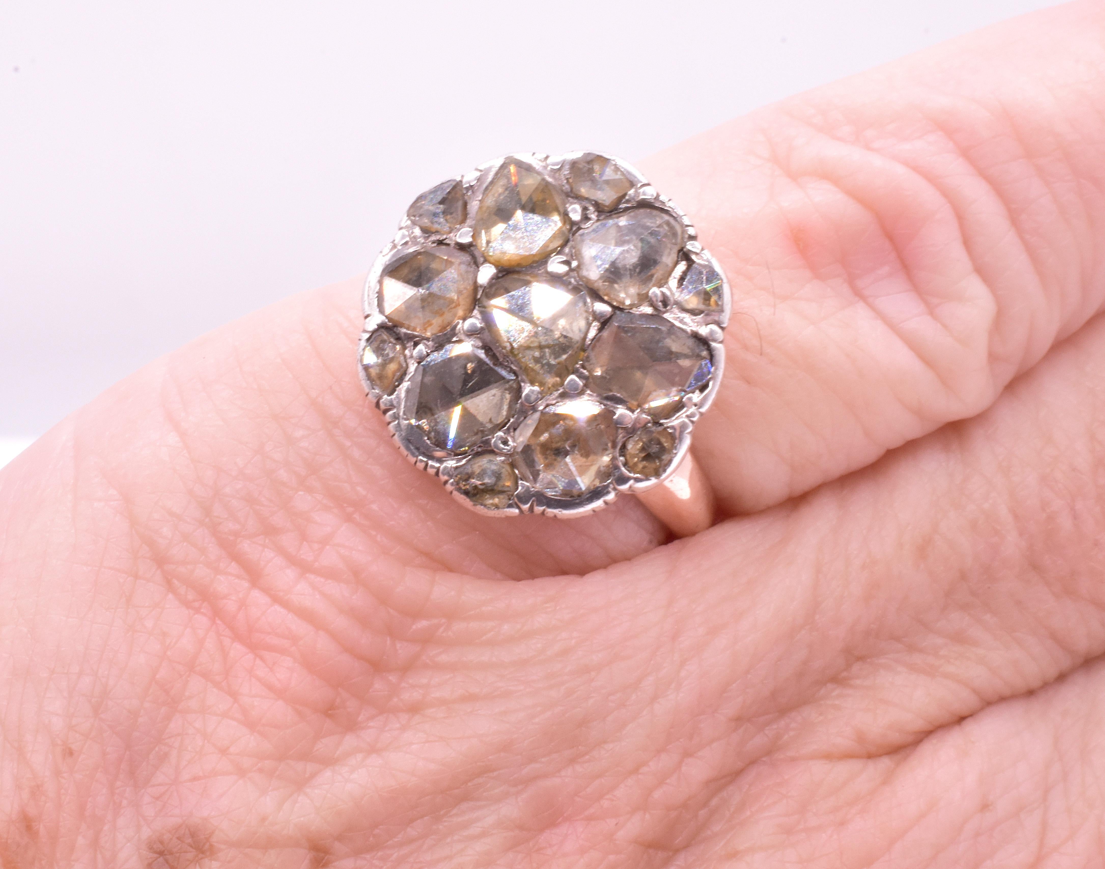 Georgian 15K Cabochon Diamond Round Cluster Ring  1