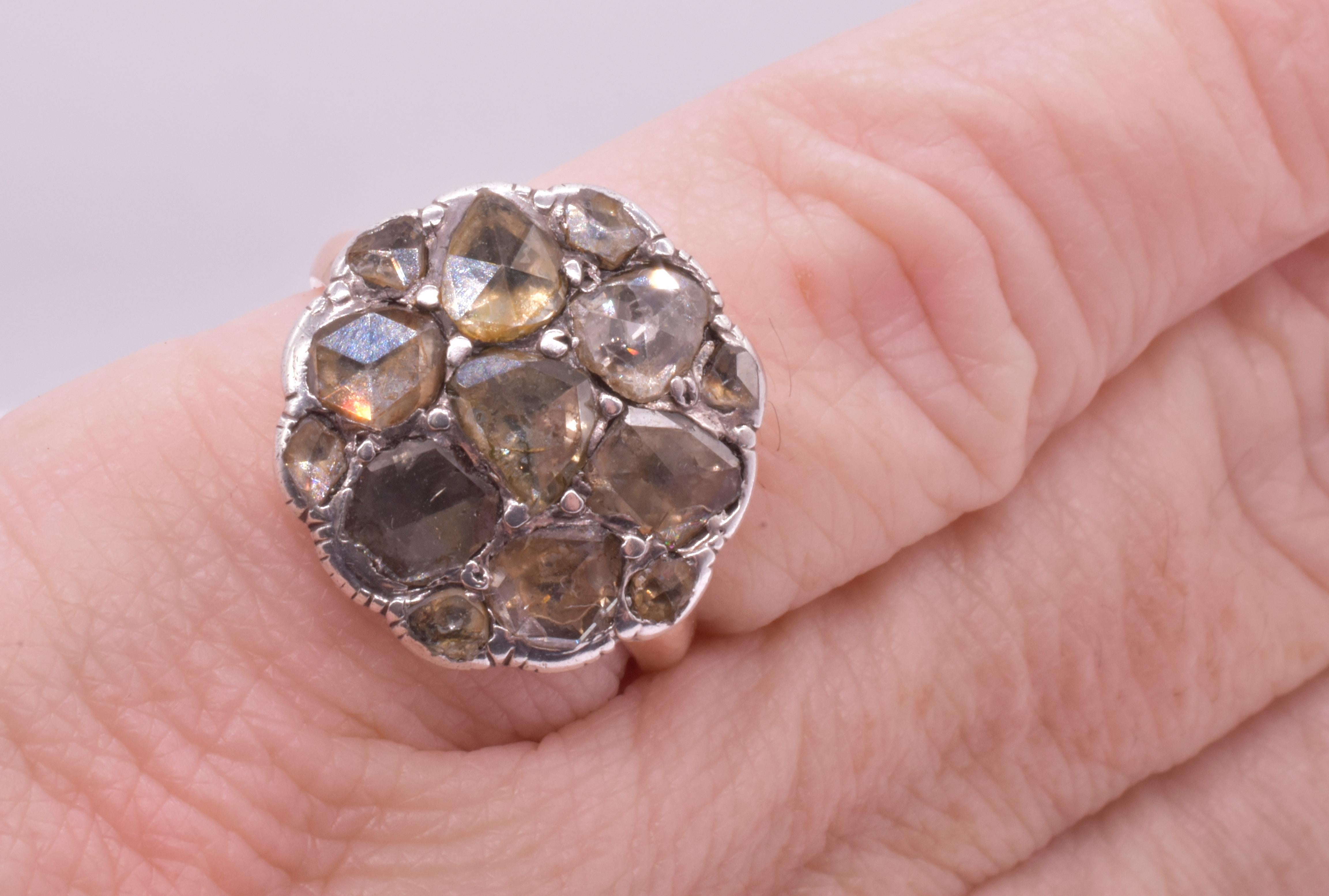 Georgian 15K Cabochon Diamond Round Cluster Ring  5
