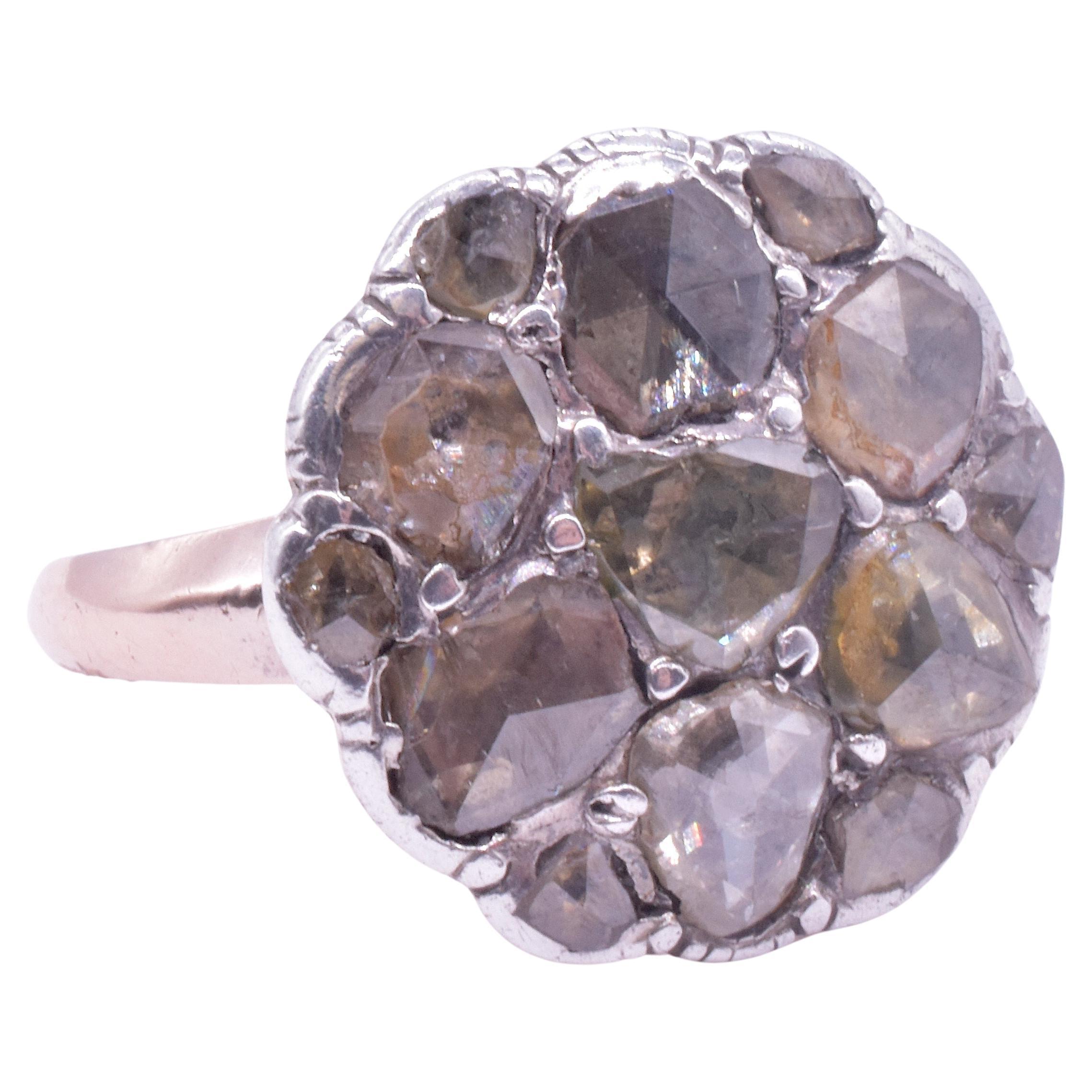 Georgian 15K Cabochon Diamond Round Cluster Ring 