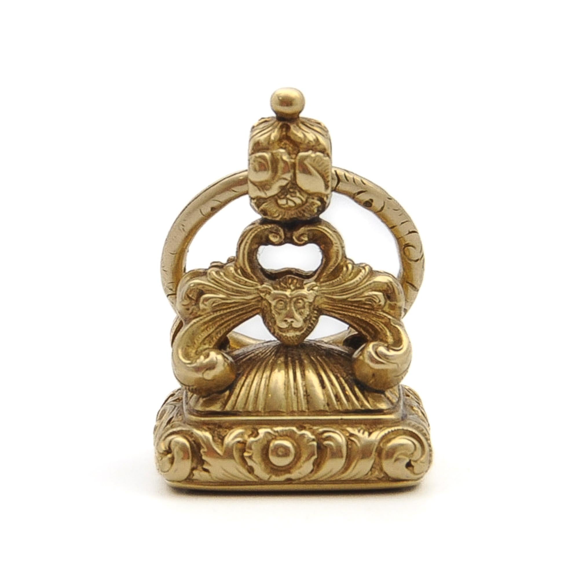 Early Victorian Antique Victorian 15K Gold and Carnelian Ornate Fob Charm Pendant For Sale
