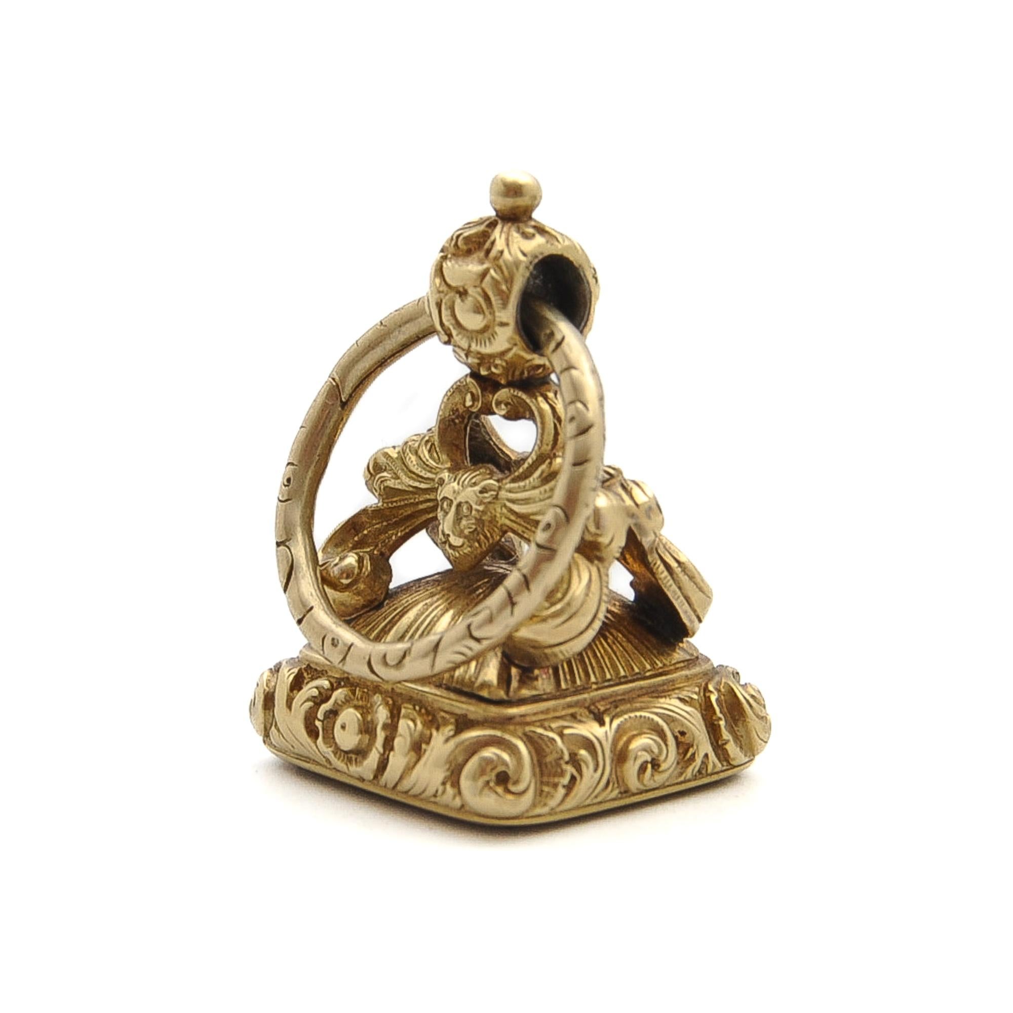Women's or Men's Antique Victorian 15K Gold and Carnelian Ornate Fob Charm Pendant For Sale