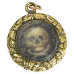 Georgian 15k Gold Enamel Memento Mori Skull Locket Charm, Circa 1820