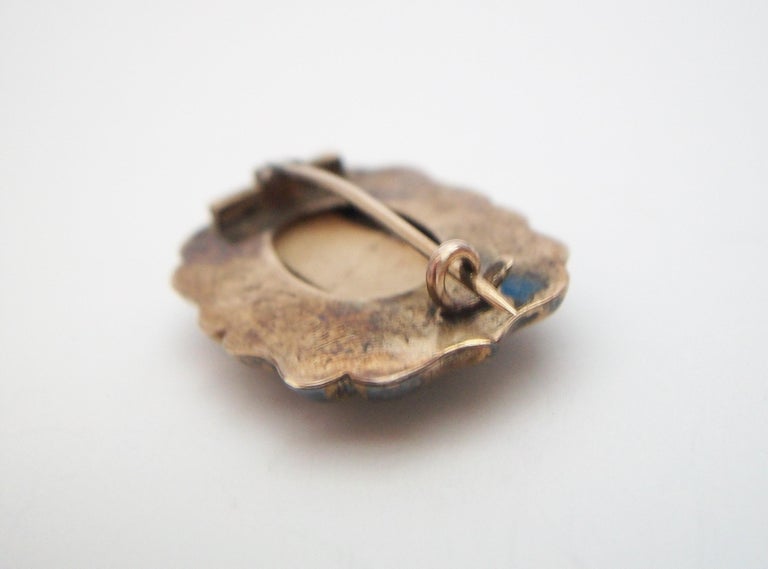 Broche Antique De Deuil Géorgienne En Or 15k - Cheveux Et émail Bleu - Occasion