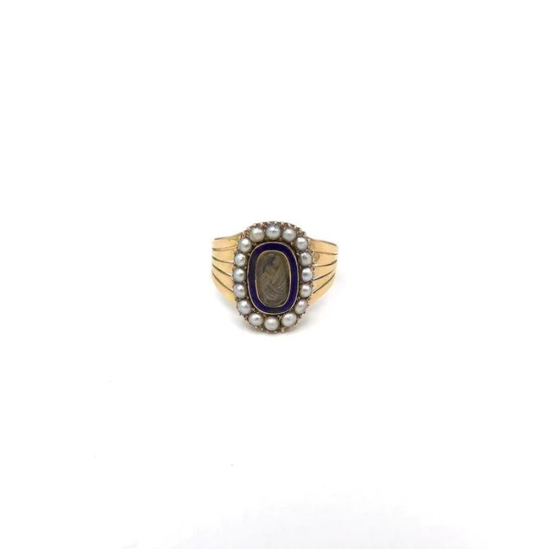 Ball Cut Georgian 15K Gold Seed Pearl Mourning Ring with Blue Enamel