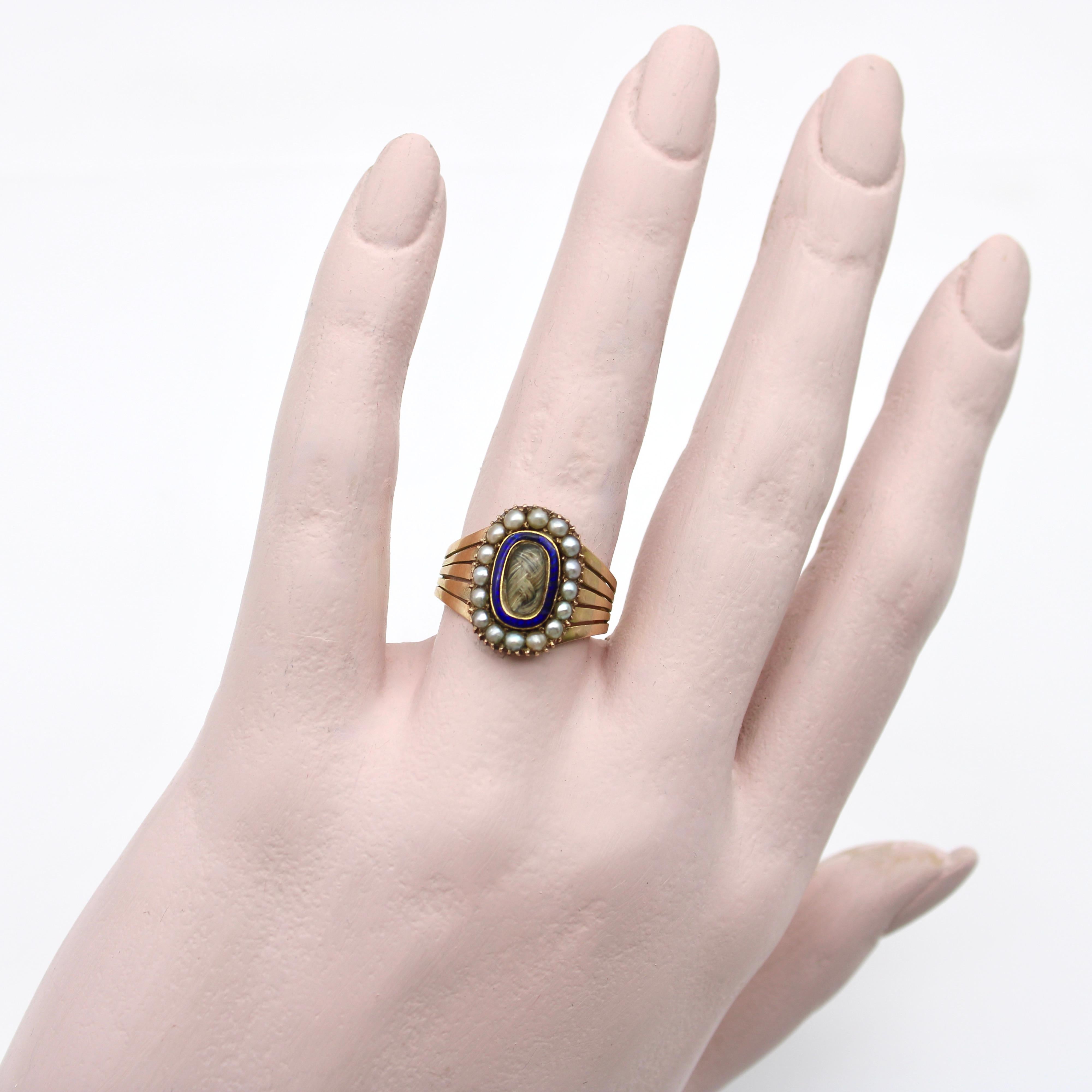 Georgian 15K Gold Seed Pearl Mourning Ring with Blue Enamel In Good Condition In Venice, CA