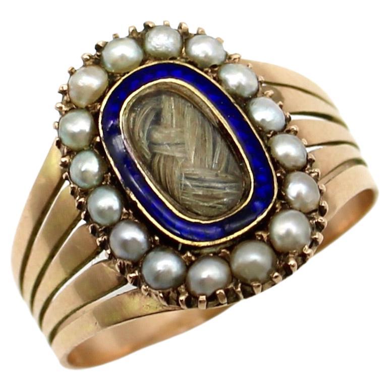 Georgian 15K Gold Seed Pearl Mourning Ring with Blue Enamel