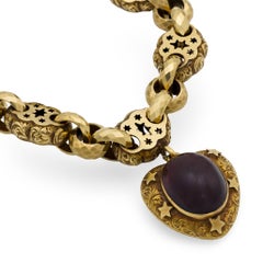 Georgian 15k Repoussé Garnet Heart-Motif Locket Bracelet