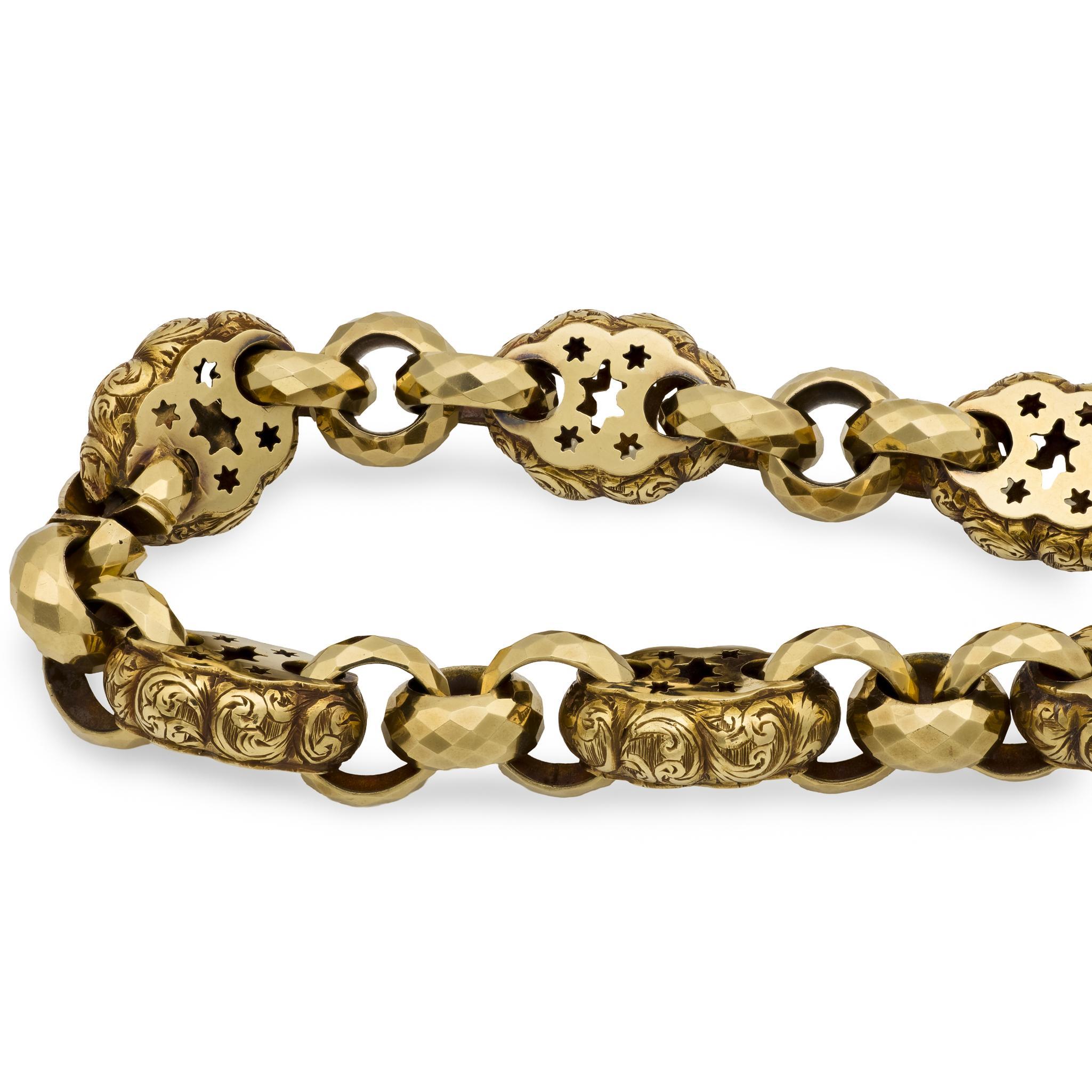 Women's or Men's Georgian 15k Repoussé Garnet Heart-Motif Locket Bracelet For Sale