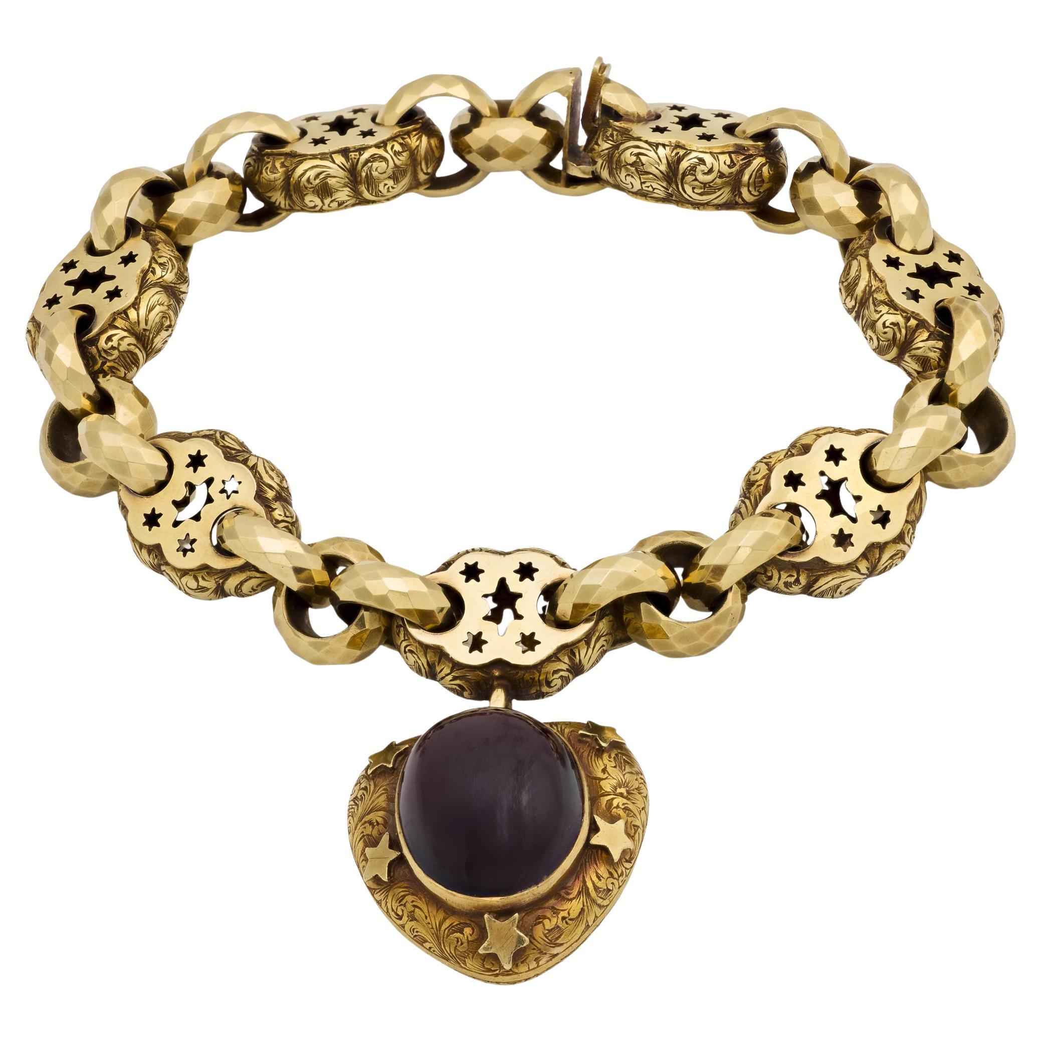 Georgian 15k Repoussé Garnet Heart-Motif Locket Bracelet For Sale