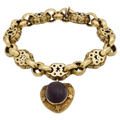Georgian 15k Repoussé Garnet Heart-Motif Locket Bracelet